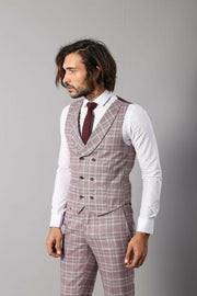 Checked Burgundy Slim-Fit Suit $50 - $100, 3-piece-suit, 40, 42, 44, Casual, Casual Suit, Checked, Daily, Modern Fit, Peak, Peak Lapel, Pink, Plaid, Plaid Suit, Slim Fit, Slim Fit Suit, Suit 