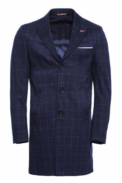 Checked Cachet Navy Blue Short Coat 3-piece-suit, 34, 36, 38, 40, 42, 44, 46, 6 Drop, Blue, Cachet, Checked, Coat, Italian Suit, Kaban, Modern Fit, Navy, navy-blue, Outwear, Peak, Peak Lapel,