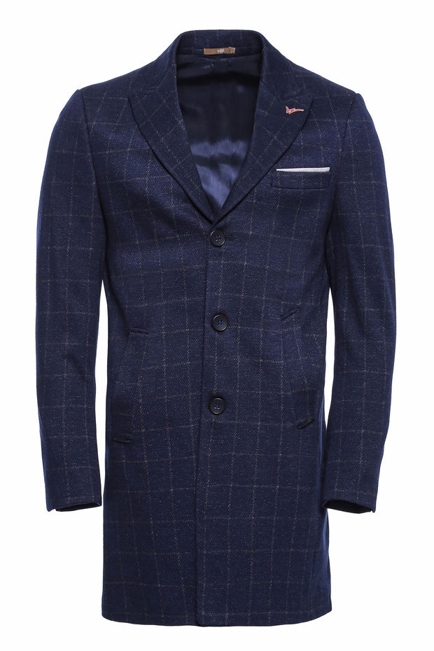 Checked Cachet Navy Blue Short Coat 3-piece-suit, 34, 36, 38, 40, 42, 44, 46, 6 Drop, Blue, Cachet, Checked, Coat, Italian Suit, Kaban, Modern Fit, Navy, navy-blue, Outwear, Peak, Peak Lapel,