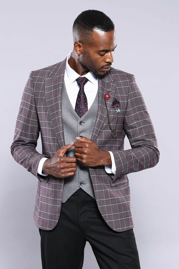 Checked Combined Burgundy Suit | Wessi 3 Piece Suits, 3-piece-suit, 34, 36, 40, 44, 46, Checked, mens-suit, mens-suit_obsolete, Modern Fit, Peak, Peak Lapel, Plaid, Slim Fit, Suit Suit3 Piece