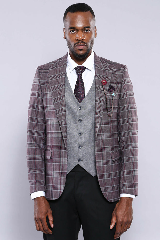 Checked Combined Burgundy Suit | Wessi 3 Piece Suits, 3-piece-suit, 34, 36, 40, 44, 46, Checked, mens-suit, mens-suit_obsolete, Modern Fit, Peak, Peak Lapel, Plaid, Slim Fit, Suit Suit3 Piece