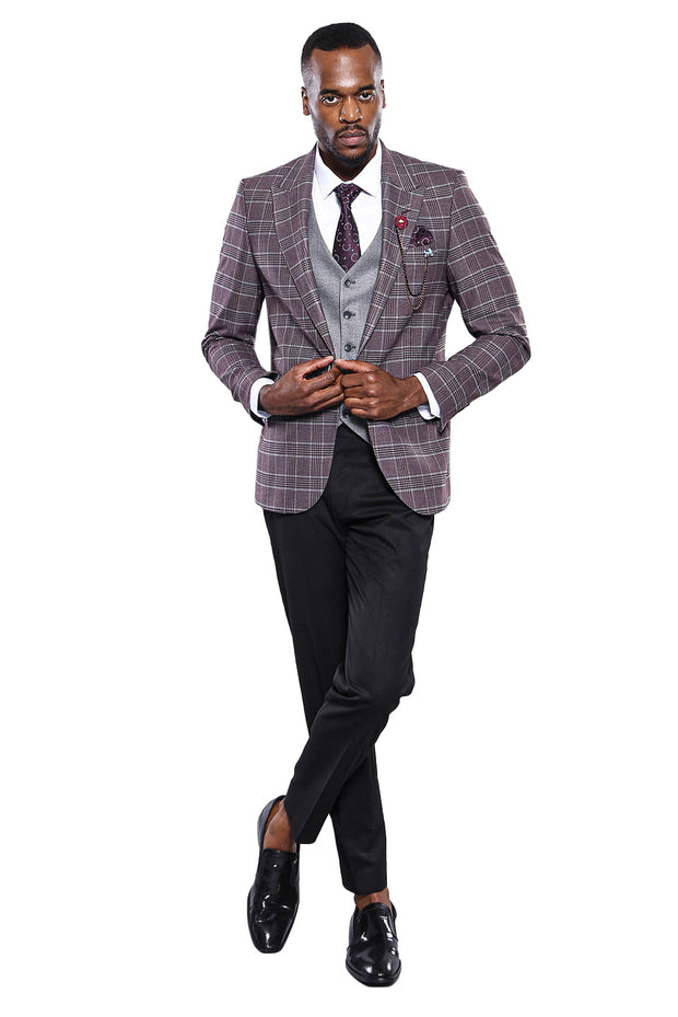 Checked Combined Burgundy Suit | Wessi 3 Piece Suits, 3-piece-suit, 34, 36, 40, 44, 46, Checked, mens-suit, mens-suit_obsolete, Modern Fit, Peak, Peak Lapel, Plaid, Slim Fit, Suit Suit3 Piece