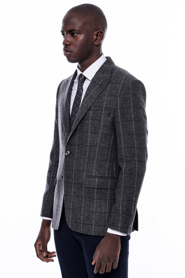 Checked Dark Grey Slim-Fit Blazer 36, 38, 40, 42, 44, 46, 48, 6 Drop, Checked, Grey, Italian Suit, Modern Fit, New Season, Peak, Peak Lapel, Plaid, Slim Fit, Slim Fit Suit, Slimfit New Season