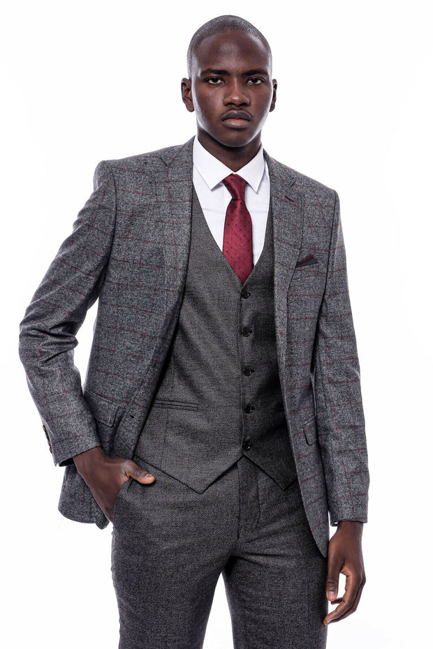 Checked Dark Grey Suit 3-piece-suit, 36, 38, 40, 42, 44, 46, 48, Checked, Grey, Grey Suit, Peak, Peak Lapel, Plaid, Suit SuitGrey Suit - wessi