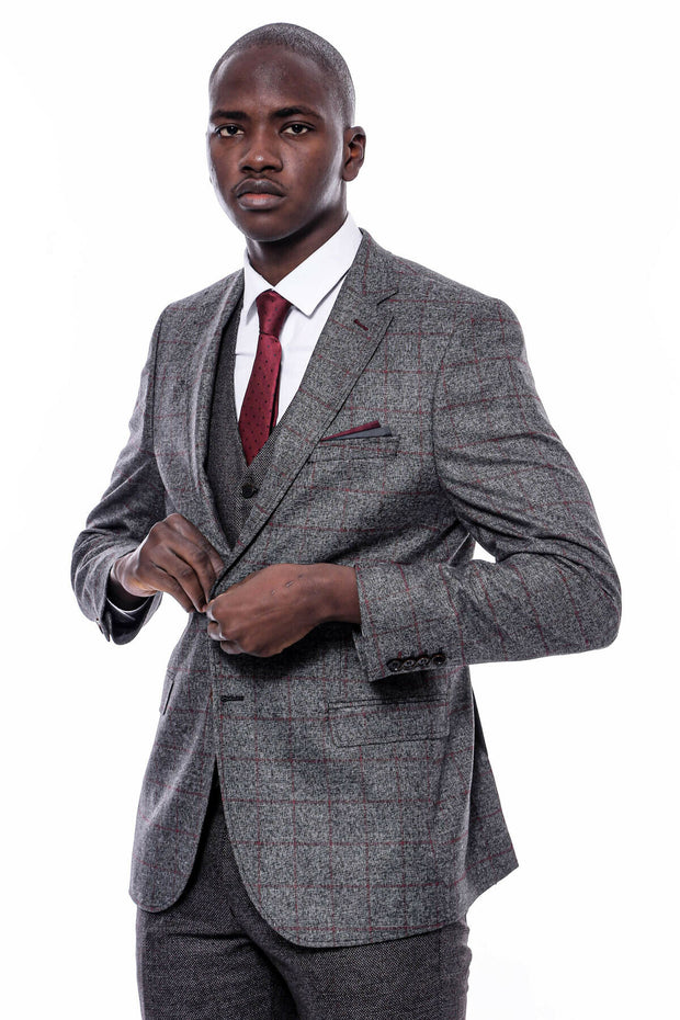 Checked Dark Grey Suit 3-piece-suit, 36, 38, 40, 42, 44, 46, 48, Checked, Grey, Grey Suit, Peak, Peak Lapel, Plaid, Suit SuitGrey Suit - wessi