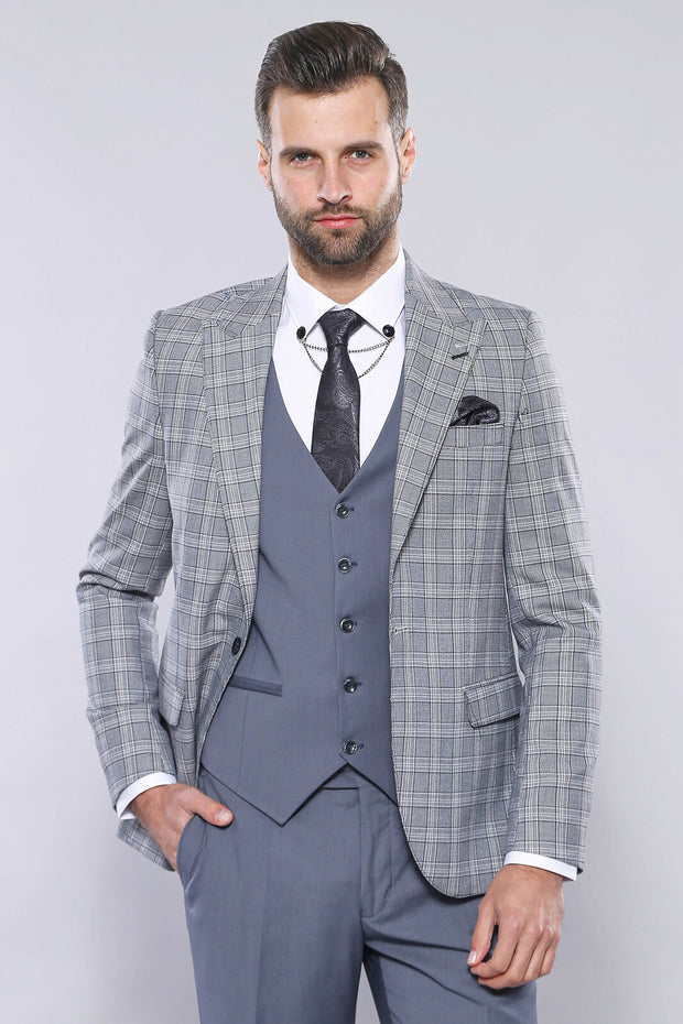 Checked Grey Combined Suit | Wessi 3 Piece Suits, 3-piece-suit, 36, 38, 40, 42, Checked, mens-suit, mens-suit_obsolete, Modern Fit, Peak, Peak Lapel, Plaid, Slim Fit, Suit Suit3 Piece Suits -