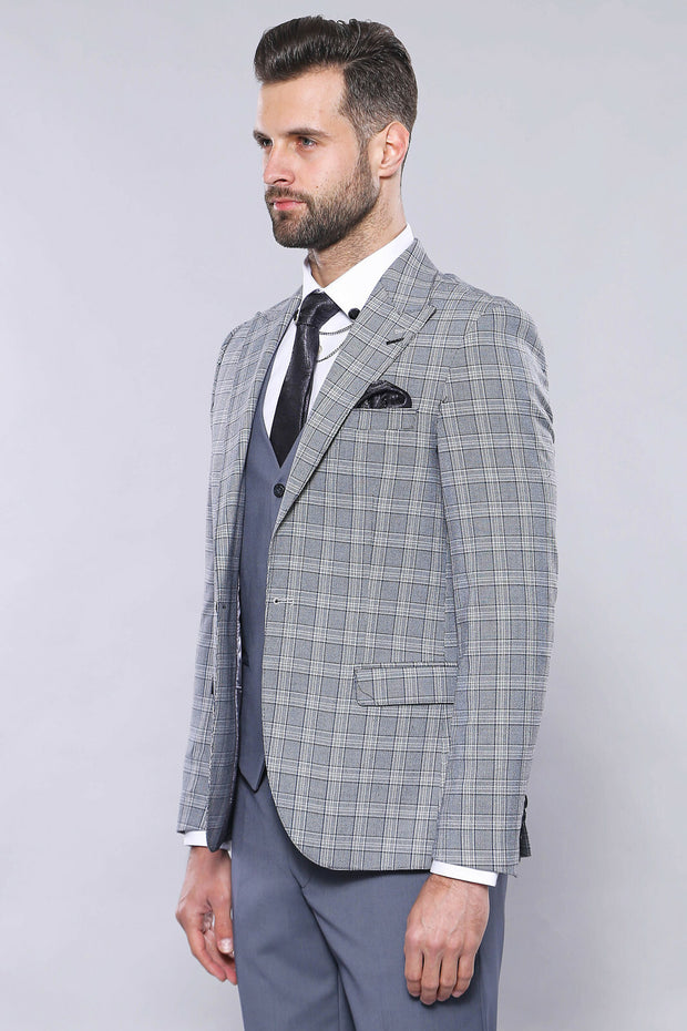 Checked Grey Combined Suit | Wessi 3 Piece Suits, 3-piece-suit, 36, 38, 40, 42, Checked, mens-suit, mens-suit_obsolete, Modern Fit, Peak, Peak Lapel, Plaid, Slim Fit, Suit Suit3 Piece Suits -