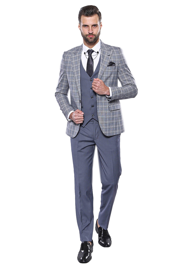 Checked Grey Combined Suit | Wessi 3 Piece Suits, 3-piece-suit, 36, 38, 40, 42, Checked, mens-suit, mens-suit_obsolete, Modern Fit, Peak, Peak Lapel, Plaid, Slim Fit, Suit Suit3 Piece Suits -