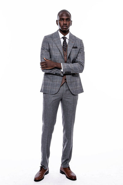 Checked Grey Slim-Fit Suit 3-piece-suit, 34, 36, 38, 40, 42, 44, 46, 48, Checked, mens-suit_obsolete, Modern Fit, Peak, Peak Lapel, Plaid, Slim Fit, Slim Fit Suit, Suit SuitSlim Fit Suit - we