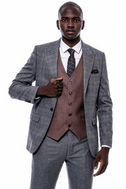 Checked Grey Slim-Fit Suit 3-piece-suit, 34, 36, 38, 40, 42, 44, 46, 48, Checked, mens-suit_obsolete, Modern Fit, Peak, Peak Lapel, Plaid, Slim Fit, Slim Fit Suit, Suit SuitSlim Fit Suit - we