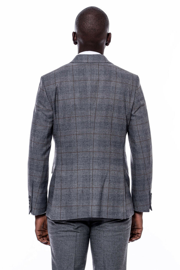 Checked Grey Slim-Fit Suit 3-piece-suit, 34, 36, 38, 40, 42, 44, 46, 48, Checked, mens-suit_obsolete, Modern Fit, Peak, Peak Lapel, Plaid, Slim Fit, Slim Fit Suit, Suit SuitSlim Fit Suit - we