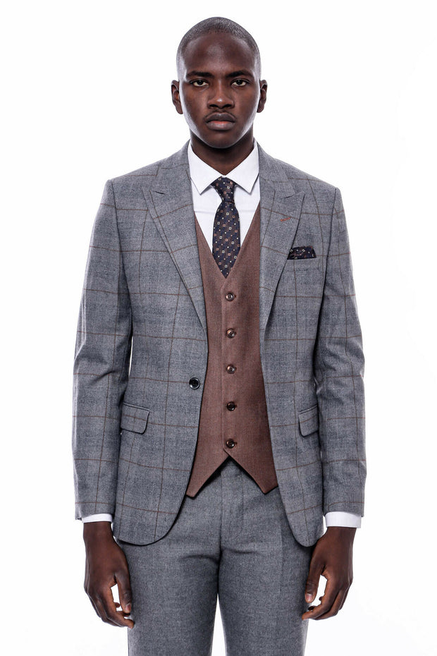 Checked Grey Slim-Fit Suit 3-piece-suit, 34, 36, 38, 40, 42, 44, 46, 48, Checked, mens-suit_obsolete, Modern Fit, Peak, Peak Lapel, Plaid, Slim Fit, Slim Fit Suit, Suit SuitSlim Fit Suit - we