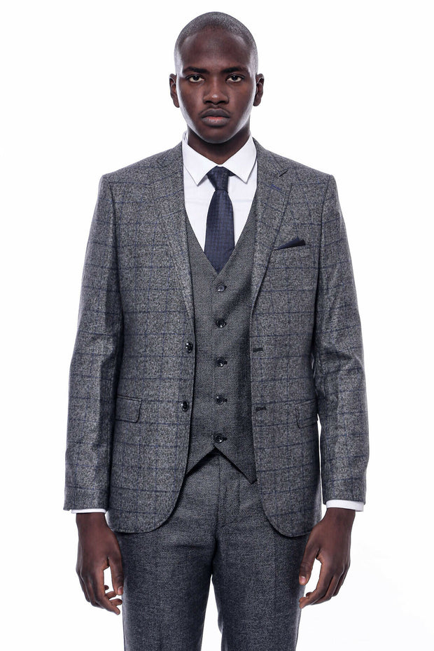 Checked Grey Suit 3-piece-suit, 36, 38, 40, 42, 44, 46, 48, 6 Drop, Checked, Daily, Italian, Italian Suit, Modern Fit, Office, Peak, Peak Lapel, Plaid, Plaid Suit, Slim Fit, Slim Fit Suit, Su