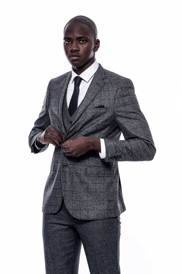 Checked Grey Suit 3-piece-suit, 36, 38, 40, 42, 44, 46, 48, 6 Drop, Checked, Daily, Italian, Italian Suit, Modern Fit, Office, Peak, Peak Lapel, Plaid, Plaid Suit, Slim Fit, Slim Fit Suit, Su