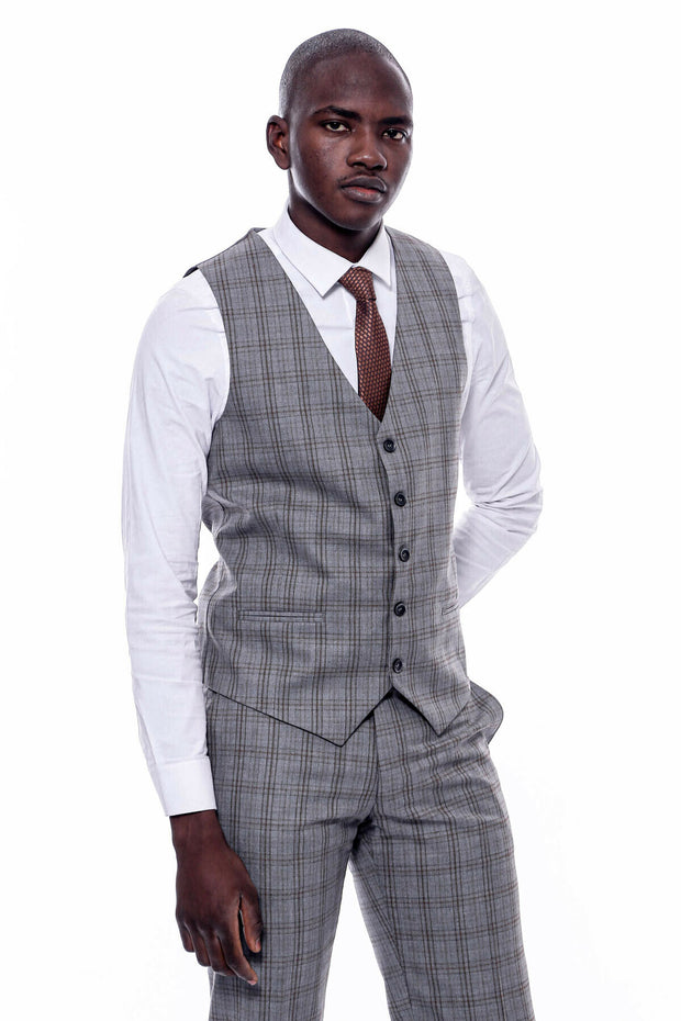 Checked Grey Vested Suit $150 - $200, 3-piece-suit, 36, 38, 40, 42, 44, 46, 48, 6 Drop, Casual, Casual Suit, Checked, Daily, Italian, Italian Suit, mens-suit_obsolete, Modern Fit, Office, Pea