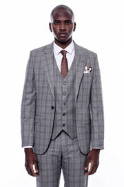 Checked Grey Vested Suit $150 - $200, 3-piece-suit, 36, 38, 40, 42, 44, 46, 48, 6 Drop, Casual, Casual Suit, Checked, Daily, Italian, Italian Suit, mens-suit_obsolete, Modern Fit, Office, Pea