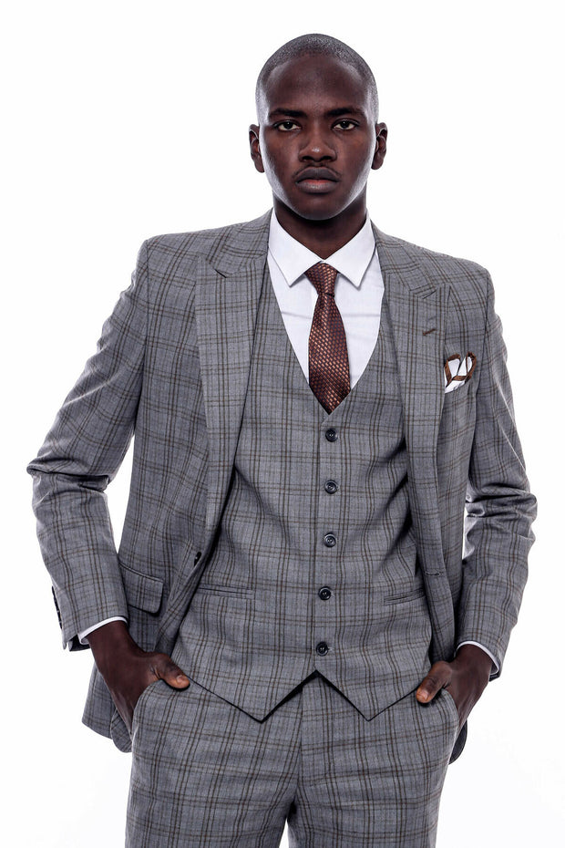 Checked Grey Vested Suit $150 - $200, 3-piece-suit, 36, 38, 40, 42, 44, 46, 48, 6 Drop, Casual, Casual Suit, Checked, Daily, Italian, Italian Suit, mens-suit_obsolete, Modern Fit, Office, Pea