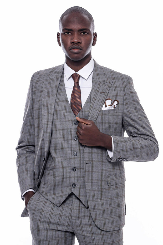 Checked Grey Vested Suit $150 - $200, 3-piece-suit, 36, 38, 40, 42, 44, 46, 48, 6 Drop, Casual, Casual Suit, Checked, Daily, Italian, Italian Suit, mens-suit_obsolete, Modern Fit, Office, Pea