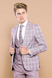 Checked Light Burgundy Vested Suit | Wessi 3-piece-suit, 36, 38, 40, 42, Checked, Double Breasted, mens-suit_obsolete, Modern Fit, Peak, Peak Lapel, Plaid, Slim Fit, Slim Fit Suit, Suit SuitS