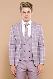 Checked Light Burgundy Vested Suit | Wessi 3-piece-suit, 36, 38, 40, 42, Checked, Double Breasted, mens-suit_obsolete, Modern Fit, Peak, Peak Lapel, Plaid, Slim Fit, Slim Fit Suit, Suit SuitS