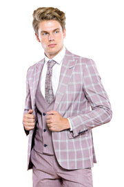 Checked Light Burgundy Vested Suit | Wessi 3-piece-suit, 36, 38, 40, 42, Checked, Double Breasted, mens-suit_obsolete, Modern Fit, Peak, Peak Lapel, Plaid, Slim Fit, Slim Fit Suit, Suit SuitS