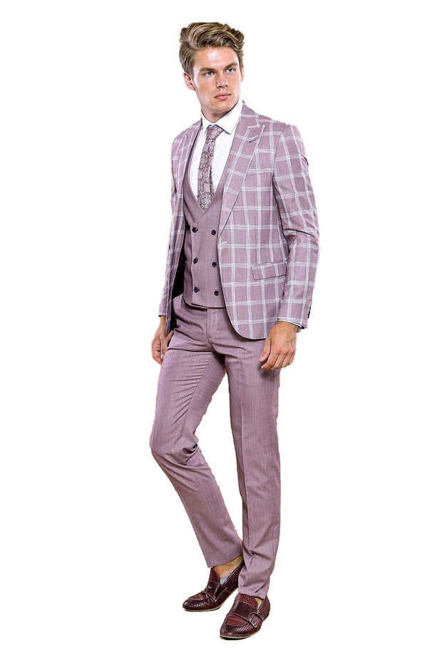 Checked Light Burgundy Vested Suit | Wessi 3-piece-suit, 36, 38, 40, 42, Checked, Double Breasted, mens-suit_obsolete, Modern Fit, Peak, Peak Lapel, Plaid, Slim Fit, Slim Fit Suit, Suit SuitS