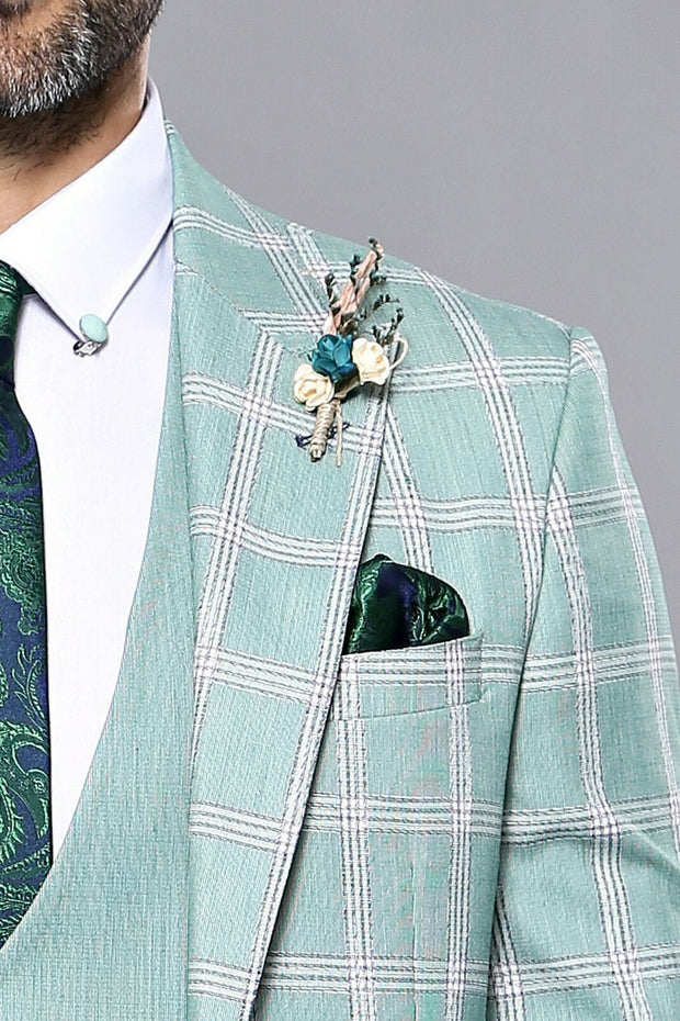 Checked Light Green Vested Suit | Wessi 3-piece-suit, 36, 38, 40, 42, 44, 46, Checked, Double Breasted, mens-suit_obsolete, Modern Fit, Peak, Peak Lapel, Plaid, Slim Fit, Slim Fit Suit, Suit 