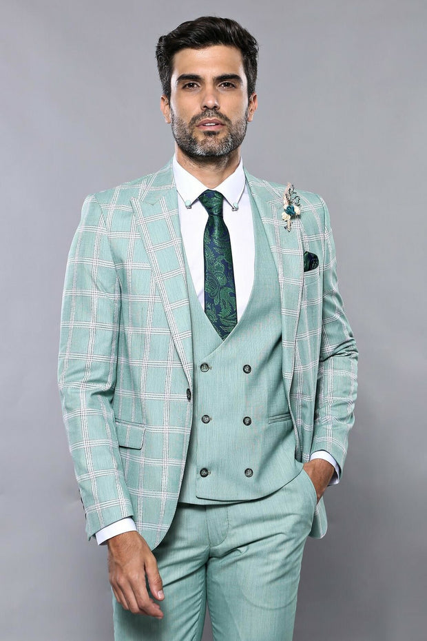 Checked Light Green Vested Suit | Wessi 3-piece-suit, 36, 38, 40, 42, 44, 46, Checked, Double Breasted, mens-suit_obsolete, Modern Fit, Peak, Peak Lapel, Plaid, Slim Fit, Slim Fit Suit, Suit 