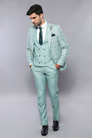 Checked Light Green Vested Suit | Wessi 3-piece-suit, 36, 38, 40, 42, 44, 46, Checked, Double Breasted, mens-suit_obsolete, Modern Fit, Peak, Peak Lapel, Plaid, Slim Fit, Slim Fit Suit, Suit 