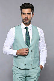 Checked Light Green Vested Suit | Wessi 3-piece-suit, 36, 38, 40, 42, 44, 46, Checked, Double Breasted, mens-suit_obsolete, Modern Fit, Peak, Peak Lapel, Plaid, Slim Fit, Slim Fit Suit, Suit 