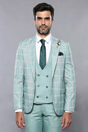 Checked Light Green Vested Suit | Wessi 3-piece-suit, 36, 38, 40, 42, 44, 46, Checked, Double Breasted, mens-suit_obsolete, Modern Fit, Peak, Peak Lapel, Plaid, Slim Fit, Slim Fit Suit, Suit 