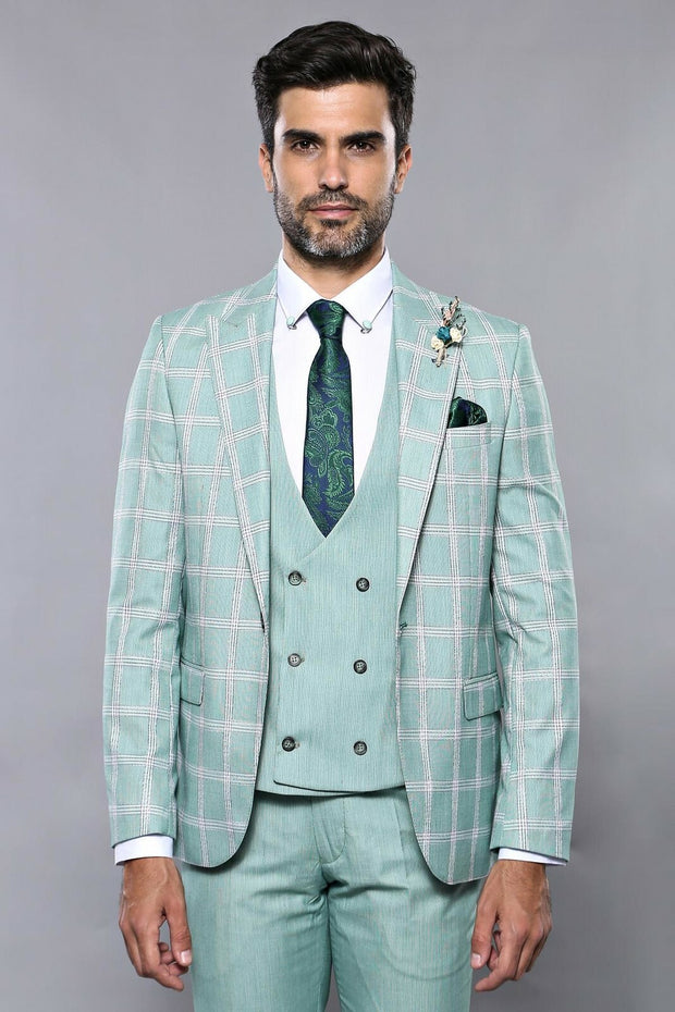 Checked Light Green Vested Suit | Wessi 3-piece-suit, 36, 38, 40, 42, 44, 46, Checked, Double Breasted, mens-suit_obsolete, Modern Fit, Peak, Peak Lapel, Plaid, Slim Fit, Slim Fit Suit, Suit 