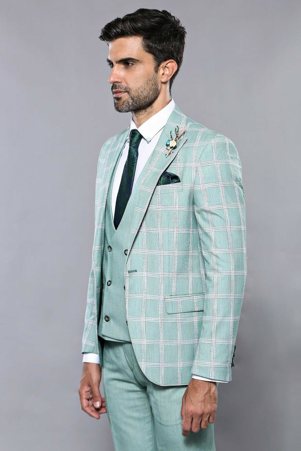 Checked Light Green Vested Suit | Wessi 3-piece-suit, 36, 38, 40, 42, 44, 46, Checked, Double Breasted, mens-suit_obsolete, Modern Fit, Peak, Peak Lapel, Plaid, Slim Fit, Slim Fit Suit, Suit 