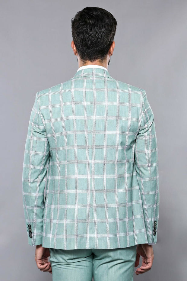 Checked Light Green Vested Suit | Wessi 3-piece-suit, 36, 38, 40, 42, 44, 46, Checked, Double Breasted, mens-suit_obsolete, Modern Fit, Peak, Peak Lapel, Plaid, Slim Fit, Slim Fit Suit, Suit 