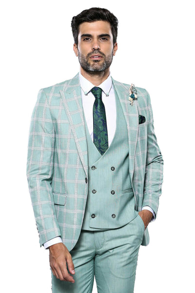 Checked Light Green Vested Suit | Wessi 3-piece-suit, 36, 38, 40, 42, 44, 46, Checked, Double Breasted, mens-suit_obsolete, Modern Fit, Peak, Peak Lapel, Plaid, Slim Fit, Slim Fit Suit, Suit 