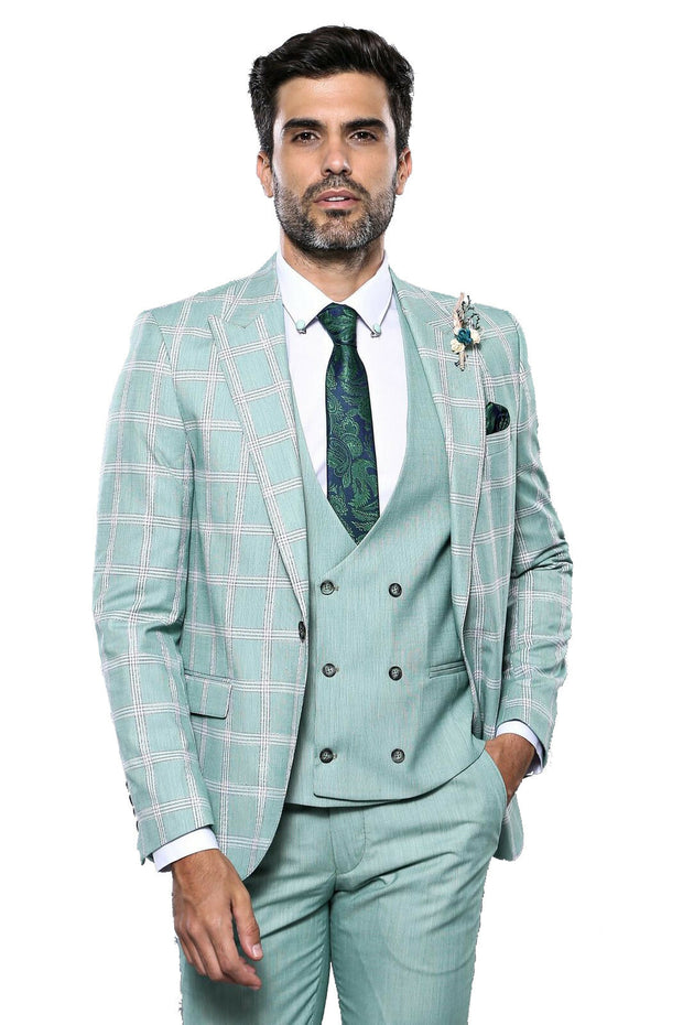 Checked Light Green Vested Suit | Wessi 3-piece-suit, 36, 38, 40, 42, 44, 46, Checked, Double Breasted, mens-suit_obsolete, Modern Fit, Peak, Peak Lapel, Plaid, Slim Fit, Slim Fit Suit, Suit 