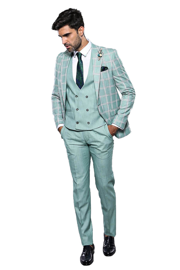 Checked Light Green Vested Suit | Wessi 3-piece-suit, 36, 38, 40, 42, 44, 46, Checked, Double Breasted, mens-suit_obsolete, Modern Fit, Peak, Peak Lapel, Plaid, Slim Fit, Slim Fit Suit, Suit 