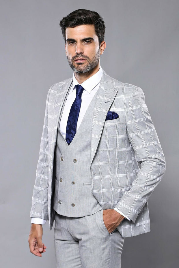 Checked Light Grey Vested Suit 3-piece-suit, 36, 38, 40, 42, 44, 46, Black, Checked, mens-suit, mens-suit_obsolete, Modern Fit, Plaid, Slim Fit, Slim Fit Suit, Suit SuitSlim Fit Suit - wessi