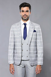 Checked Light Grey Vested Suit 3-piece-suit, 36, 38, 40, 42, 44, 46, Black, Checked, mens-suit, mens-suit_obsolete, Modern Fit, Plaid, Slim Fit, Slim Fit Suit, Suit SuitSlim Fit Suit - wessi