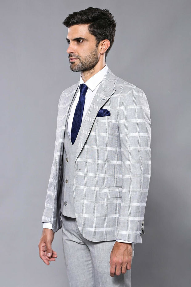 Checked Light Grey Vested Suit 3-piece-suit, 36, 38, 40, 42, 44, 46, Black, Checked, mens-suit, mens-suit_obsolete, Modern Fit, Plaid, Slim Fit, Slim Fit Suit, Suit SuitSlim Fit Suit - wessi