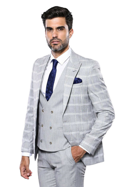 Checked Light Grey Vested Suit 3-piece-suit, 36, 38, 40, 42, 44, 46, Black, Checked, mens-suit, mens-suit_obsolete, Modern Fit, Plaid, Slim Fit, Slim Fit Suit, Suit SuitSlim Fit Suit - wessi