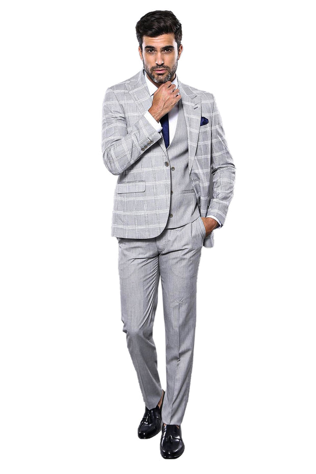 Checked Light Grey Vested Suit 3-piece-suit, 36, 38, 40, 42, 44, 46, Black, Checked, mens-suit, mens-suit_obsolete, Modern Fit, Plaid, Slim Fit, Slim Fit Suit, Suit SuitSlim Fit Suit - wessi