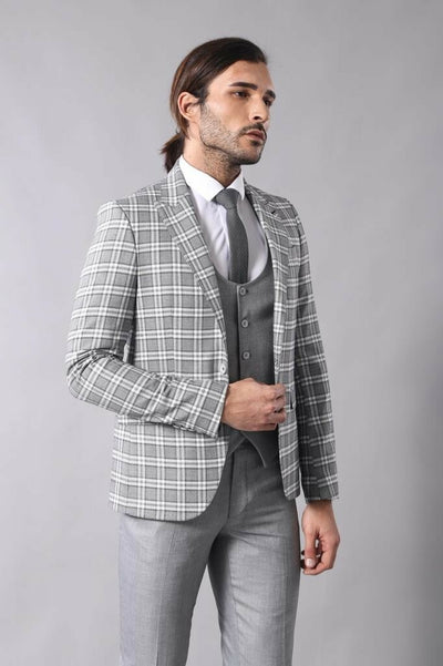 Checked Men's Grey Suit 3-piece-suit, 38, 42, Checked, Modern Fit, Peak, Peak Lapel, Plaid, Slim Fit, Slim Fit Suit, Suit OutletSuit - wessi