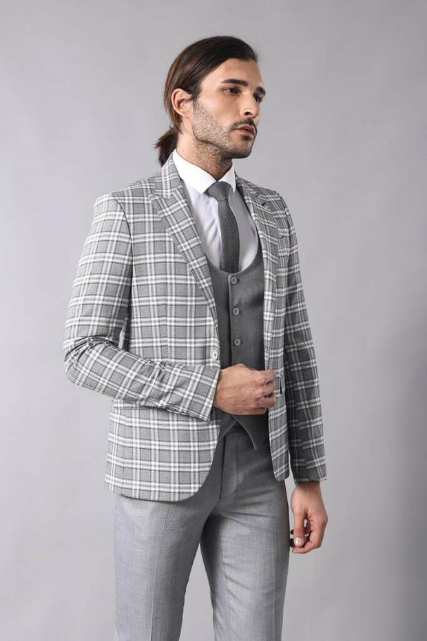 Checked Men's Grey Suit 3-piece-suit, 38, 42, Checked, Modern Fit, Peak, Peak Lapel, Plaid, Slim Fit, Slim Fit Suit, Suit OutletSuit - wessi