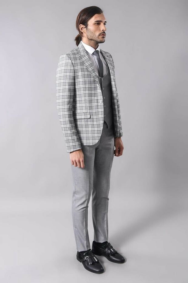 Checked Men's Grey Suit 3-piece-suit, 38, 42, Checked, Modern Fit, Peak, Peak Lapel, Plaid, Slim Fit, Slim Fit Suit, Suit OutletSuit - wessi