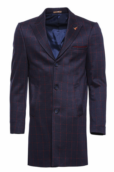 Checked Navy Blue Cachet Coat 3-piece-suit, 34, 36, 38, 40, 42, 44, 46, 6 Drop, blue, Cachet, Checked, Coat, Italian Suit, Kaban, Modern Fit, Navy, Navy Blue, Outwear, Peak, Peak Lapel, Plaid