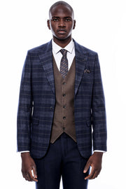 Checked Navy Blue Slim-Fit Suit 3-piece-suit, 36, 38, 40, 42, 44, 46, 48, Blue, Checked, Classic Blazer, Combined Suit, mens-suit_obsolete, Modern Fit, Navy, navy-blue, Peak, Peak Lapel, Plai