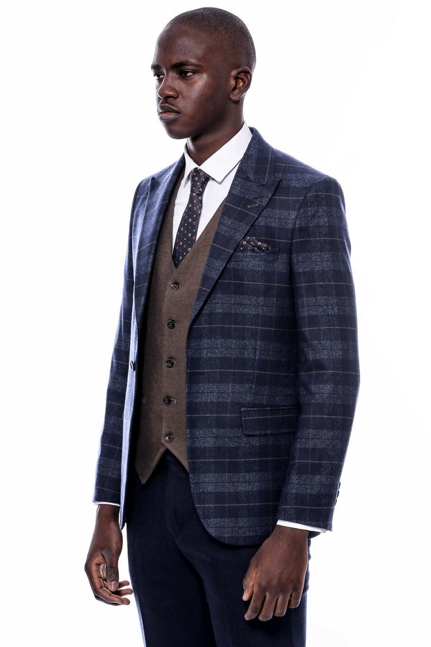 Checked Navy Blue Slim-Fit Suit 3-piece-suit, 36, 38, 40, 42, 44, 46, 48, Blue, Checked, Classic Blazer, Combined Suit, mens-suit_obsolete, Modern Fit, Navy, navy-blue, Peak, Peak Lapel, Plai