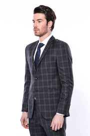 Checked Slim-Fit 2-Piece Dark Grey Suit $50 - $100, 3-piece-suit, 38, 42, 6 Drop, Checked, Dark Grey, Grey, Grey Suit, Italian, Italian Suit, Modern Fit, Notch Lapel, Plaid, Plaid Suit, Slim 