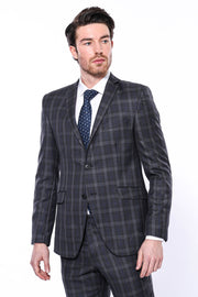 Checked Slim-Fit 2-Piece Dark Grey Suit $50 - $100, 3-piece-suit, 38, 42, 6 Drop, Checked, Dark Grey, Grey, Grey Suit, Italian, Italian Suit, Modern Fit, Notch Lapel, Plaid, Plaid Suit, Slim 